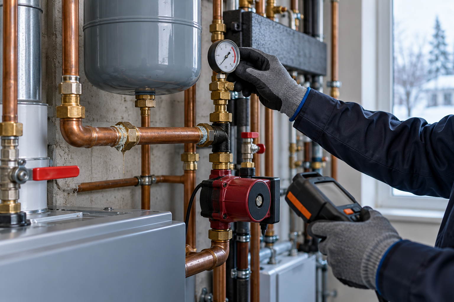 Technician checking a boiler pressure gauge beside an expansion vessel and circulator pump