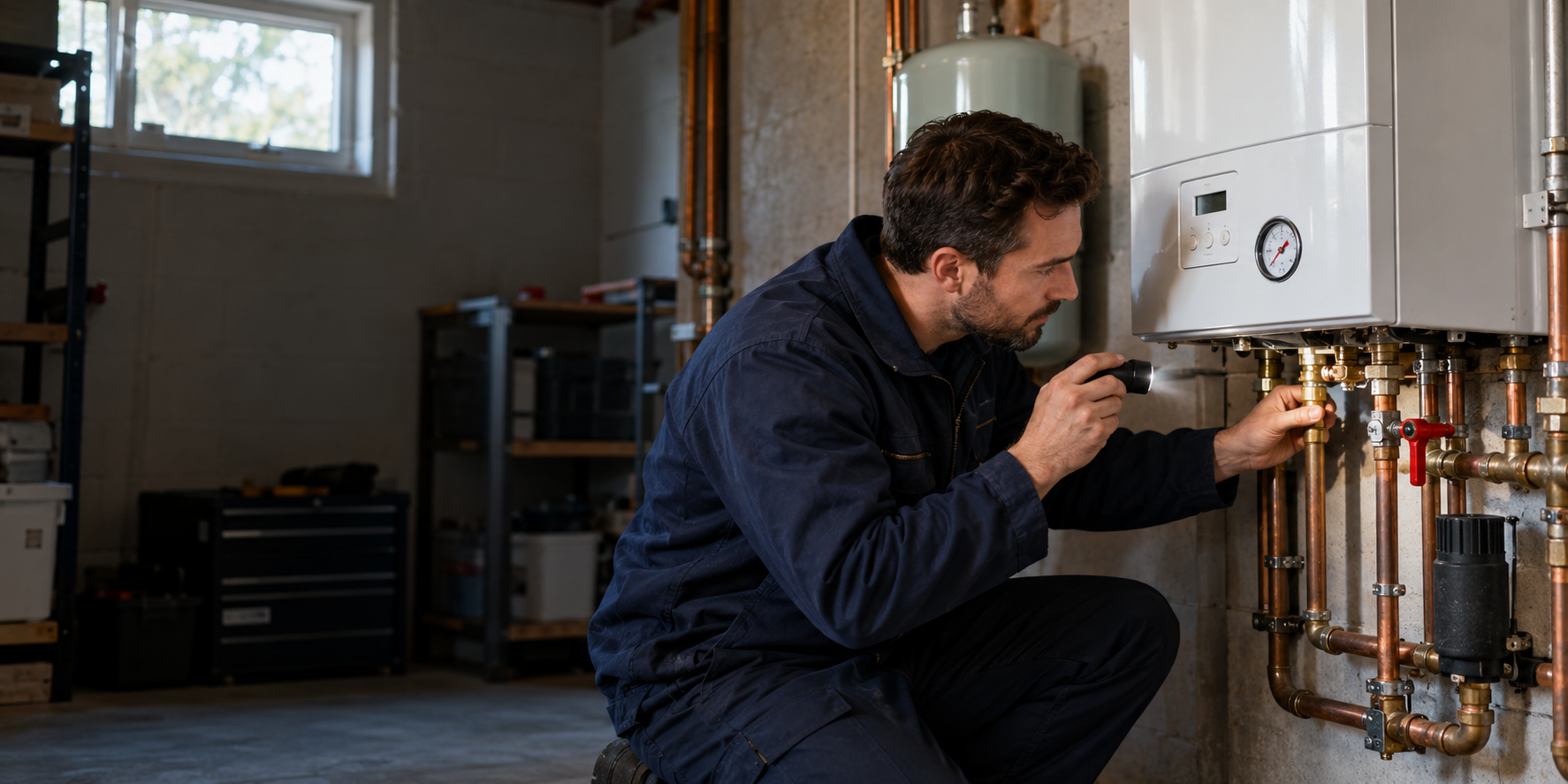 Technician inspecting a wall-mounted residential boiler and its pipe connections