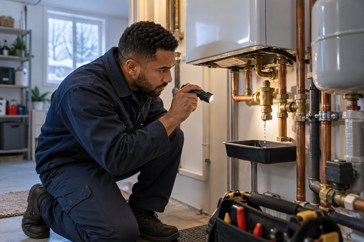Heating technician inspecting a dripping boiler valve and copper pipe connection